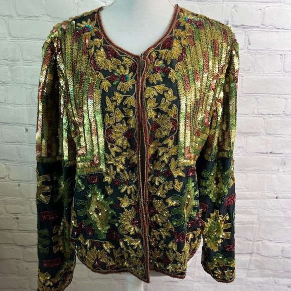 Adrianna Papell Holiday Vintage Sequined Silk Blazer Large - Picture 1 of 7